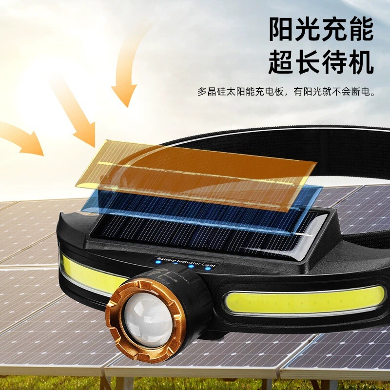 Silicone induction headlamp dual light source outdoor running lamp car charging floodlight portable head-mounted solar energy