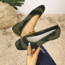 新款平底飞织浅口单鞋女大码迷彩休闲针织懒人方头豆豆鞋wish