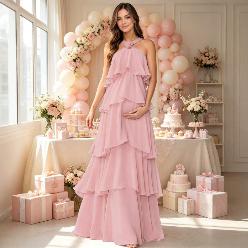 European and American style halter neck design maternity evening dress, layered draped long dress for pregnant women, slimming dress for photo shoots and parties