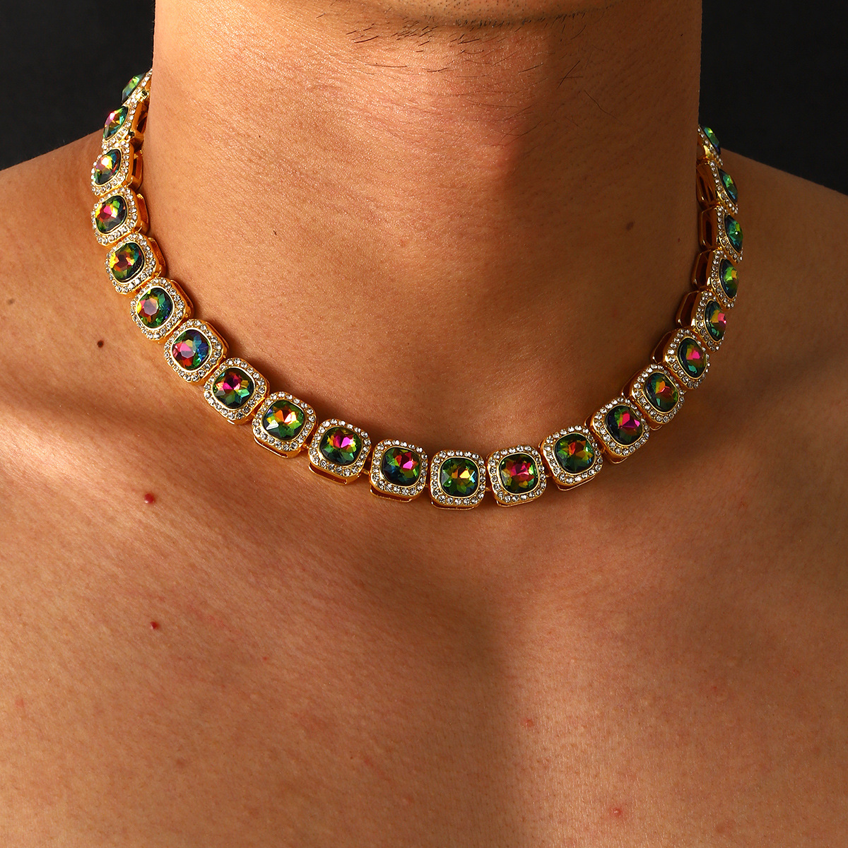 100g Weight Zircon Inlay Material Choker Classification Alloy Chain Material Simple Style Square Alloy Inlay Zircon Men's Choker