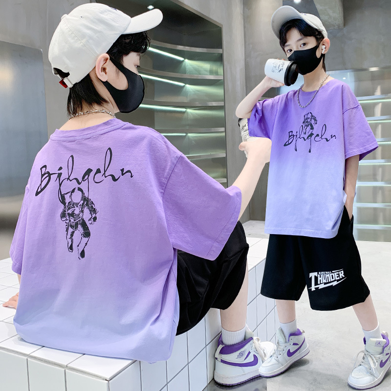 2023 Summer New Children's Wear Boys' Casual Colorful Hanging Dyed Letter T-shirt Middle Pants Set, Two Piece Set for_voghion.com