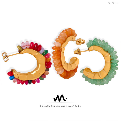 New Retro C-shaped Multicolored Natural Agate Green Ghost Stone Vintage Style Casual Titanium Steel Women's Earrings