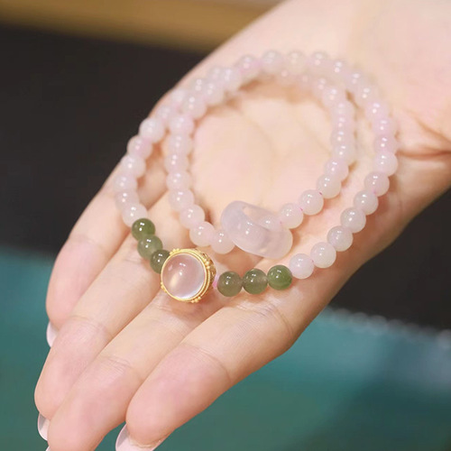 Natural Hetian Jade and Lotus Root Powder Double Ring Bracelet with Silver Plated Gold Border and Agate Running Rings - Chinese Women's Style Bracelet for Xiaohongshu
