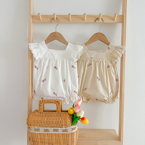 INS Summer Cute Baby Bodysuit with Lace Square Collar Embroidered Diaper Suit Cotton Sleeveless Hosiery Climbing Suit