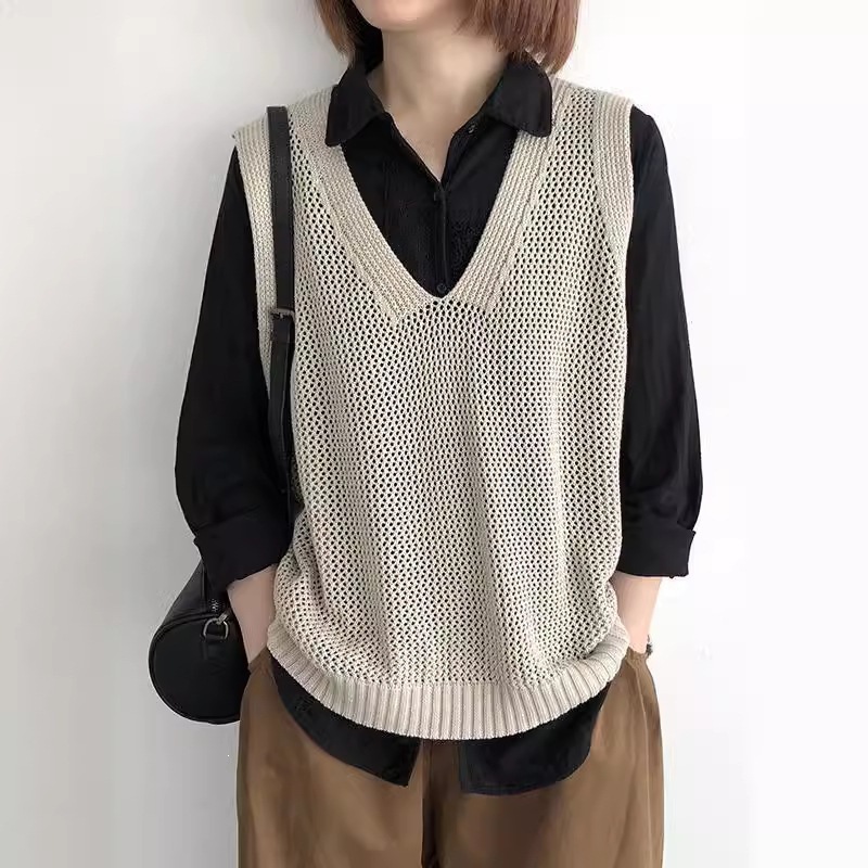 复古纯色V领针织马夹背心女春秋新款文艺宽松百搭毛衣马甲坎肩女