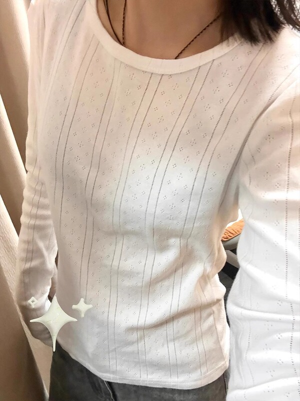 韩系减龄别致提花圆领打底上衣女春秋新款镂空设计感内搭长袖T恤|undefined