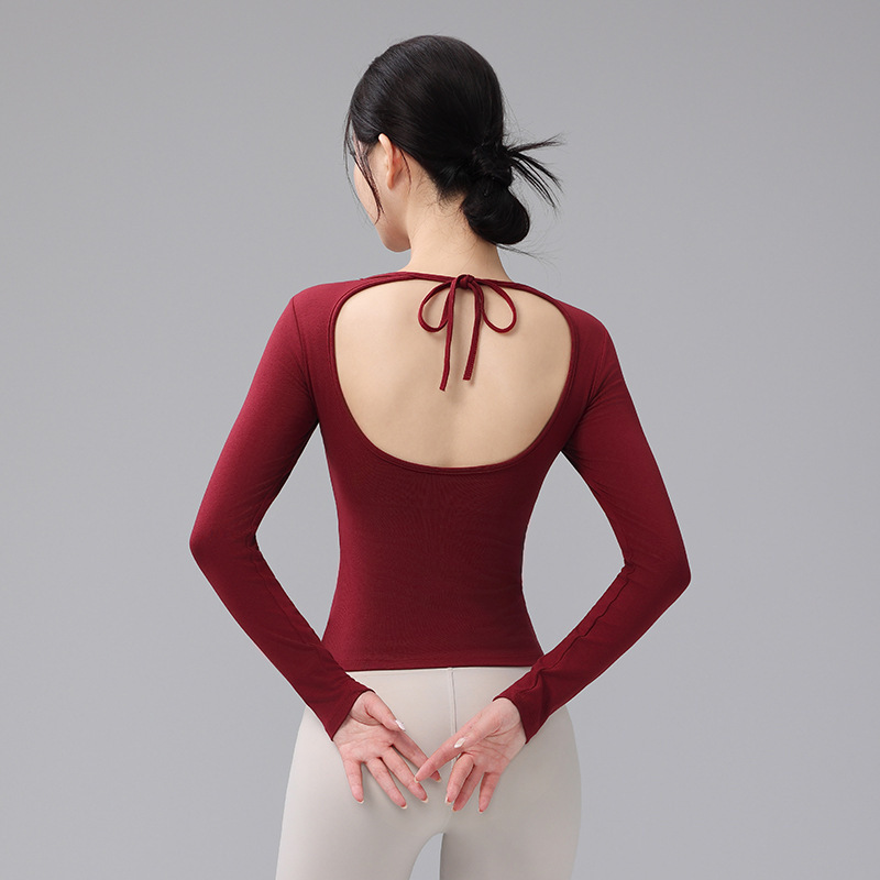 Backless Sports Top, High-End Pilates Yoga Wear, Quick-Drying Spring and Autumn Round Neck, Long Sleeves, Slim Fit