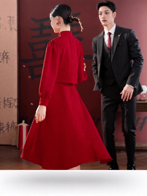 新中式旗袍敬酒服新娘红色回门连衣裙订婚礼服秋冬季长袖结婚便装|undefined