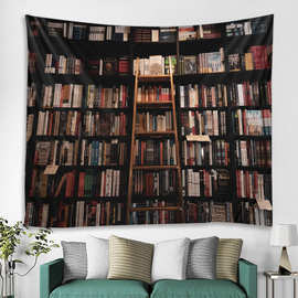 复古图书馆书架挂毯壁挂书房图片艺术印刷挂毯复古书架墙壁艺术