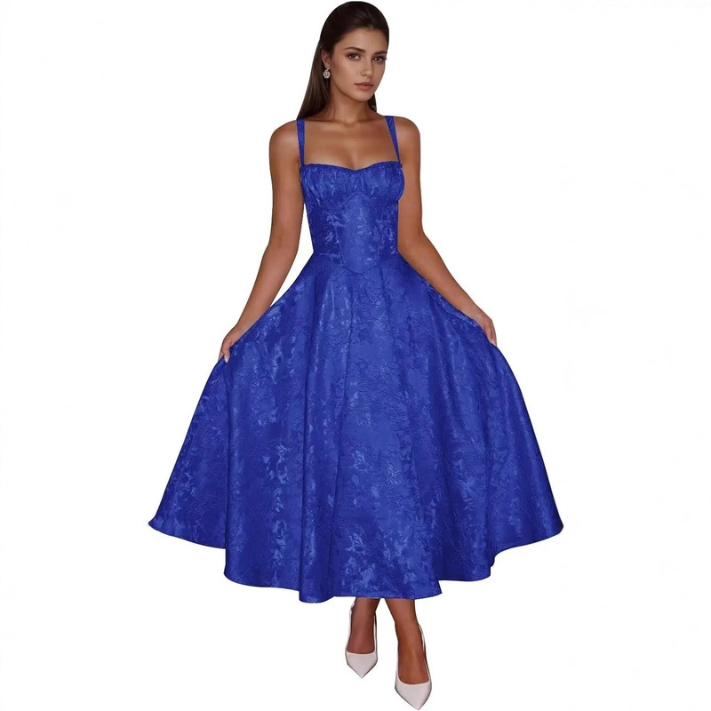 Foreign Trade European and American Suspender Design Long Evening Dress Banquet Party Amazon Elegant Birthday Slim Dress