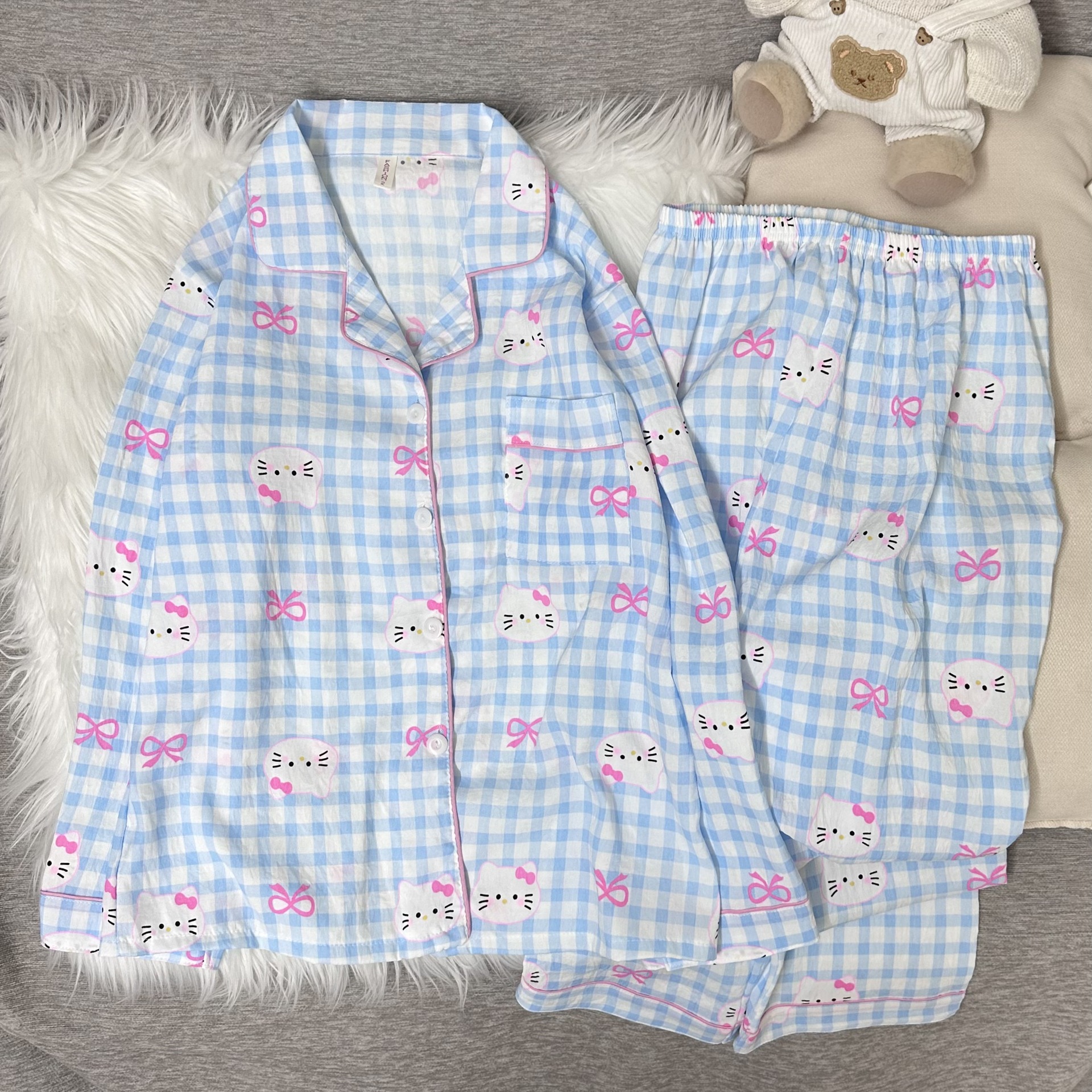 Cloud cotton blue plaid bow cat double length