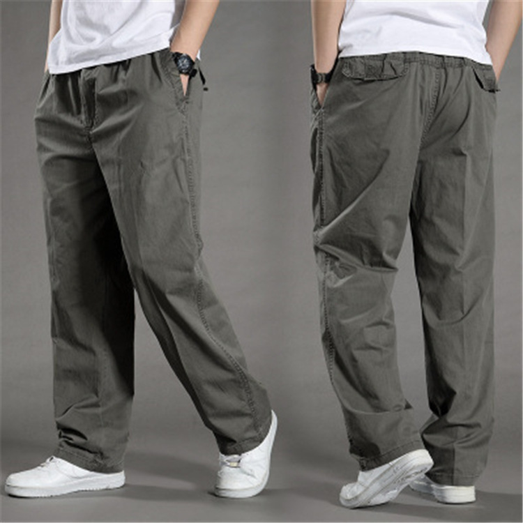 Summer New Men's Cotton Casual Pants Large Size Overalls Thin Loose Large Size Loose Waist Straight Pants