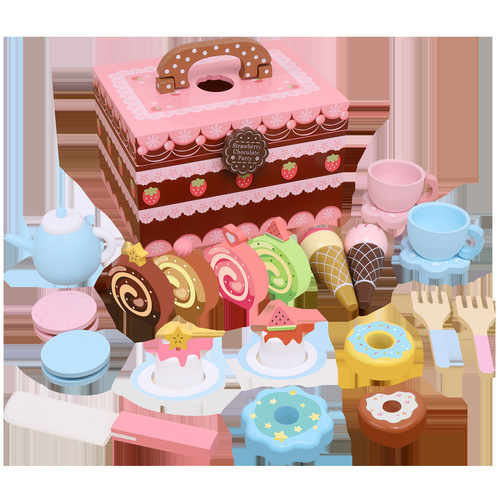 Children's play house portable candy dessert cake wooden box simulated ice cream cut pink kitchen toy