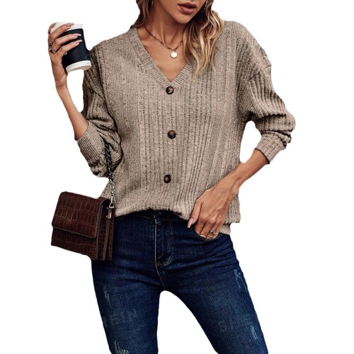 European and American Women's Autumn/Winter Knitted Button Sweater, Casual Long-Sleeve Loose T-Shirt Top for Women