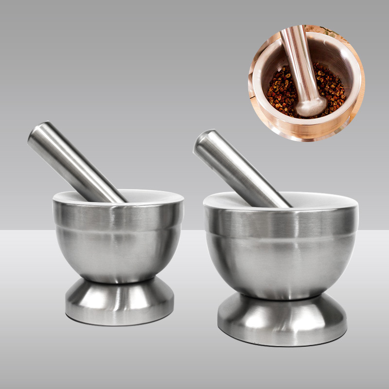 Thickened Double-Layer 304 Stainless Steel Mortar for Crushing Herbs, Grinding Bowl, Garlic Bowl, Cross-Border Wholesale Supply