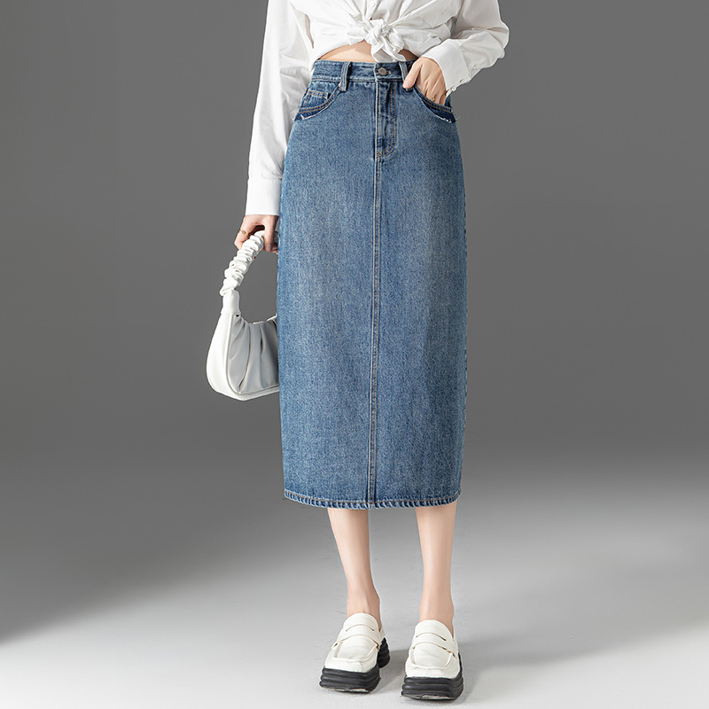 Chân váy denim lưng cao nữ dáng A xẻ tà — Màu xanh lam nhạt
