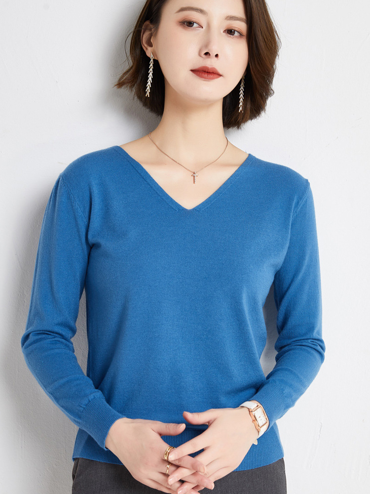 Otoño e Invierno nuevo estilo occidental con cuello en V color sólido manga larga suéter de fondo interior simple desgaste exterior suéter de cuello de pollo para mujeres