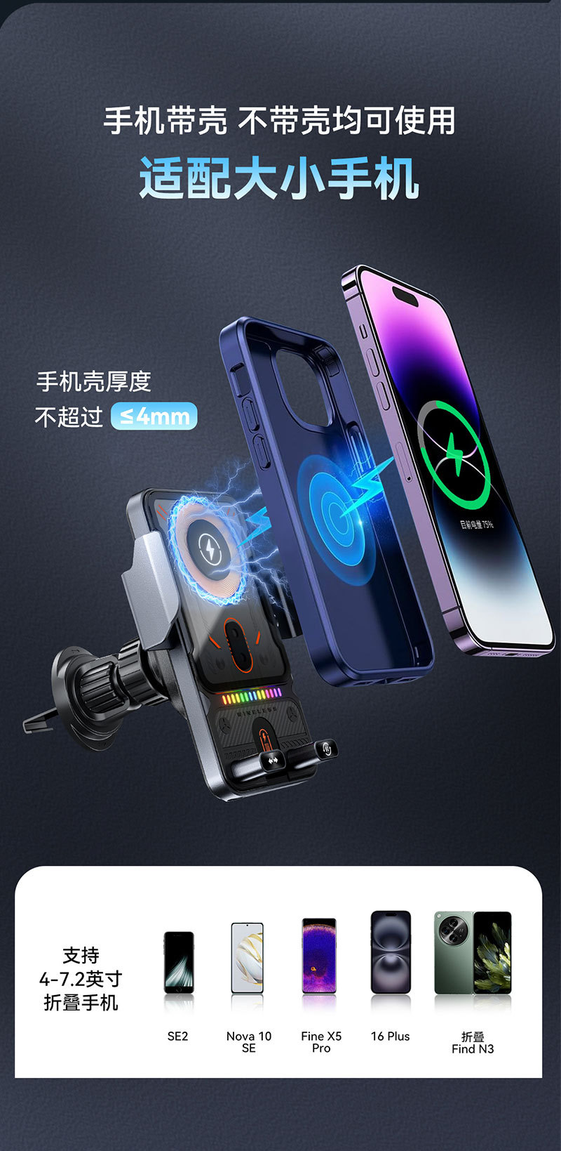 New electric rotating horizontal and vertical screen car wireless charging stand, fully automatic air vent car 15W wireless charger