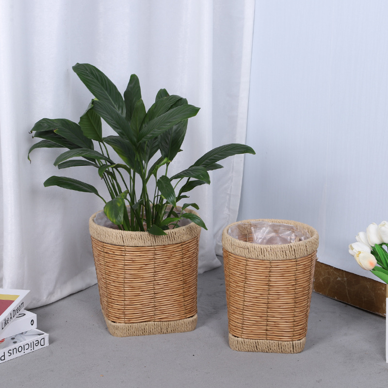 Nórdico ins viento trenzado plantas de paja decoración canasta de flores balcón sala de estar tipo piso estante de flores trenzado maceta image 3