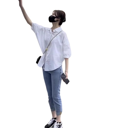 Women's Short Sleeve Thin White Shirt Sun Protection Top Summer Clothing Loose Slimming Cotton Collar Shirt Casual Small Tunic