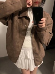 复古棕色pu皮衣外套女春秋季2025新款美式宽松情侣装学生百搭夹克