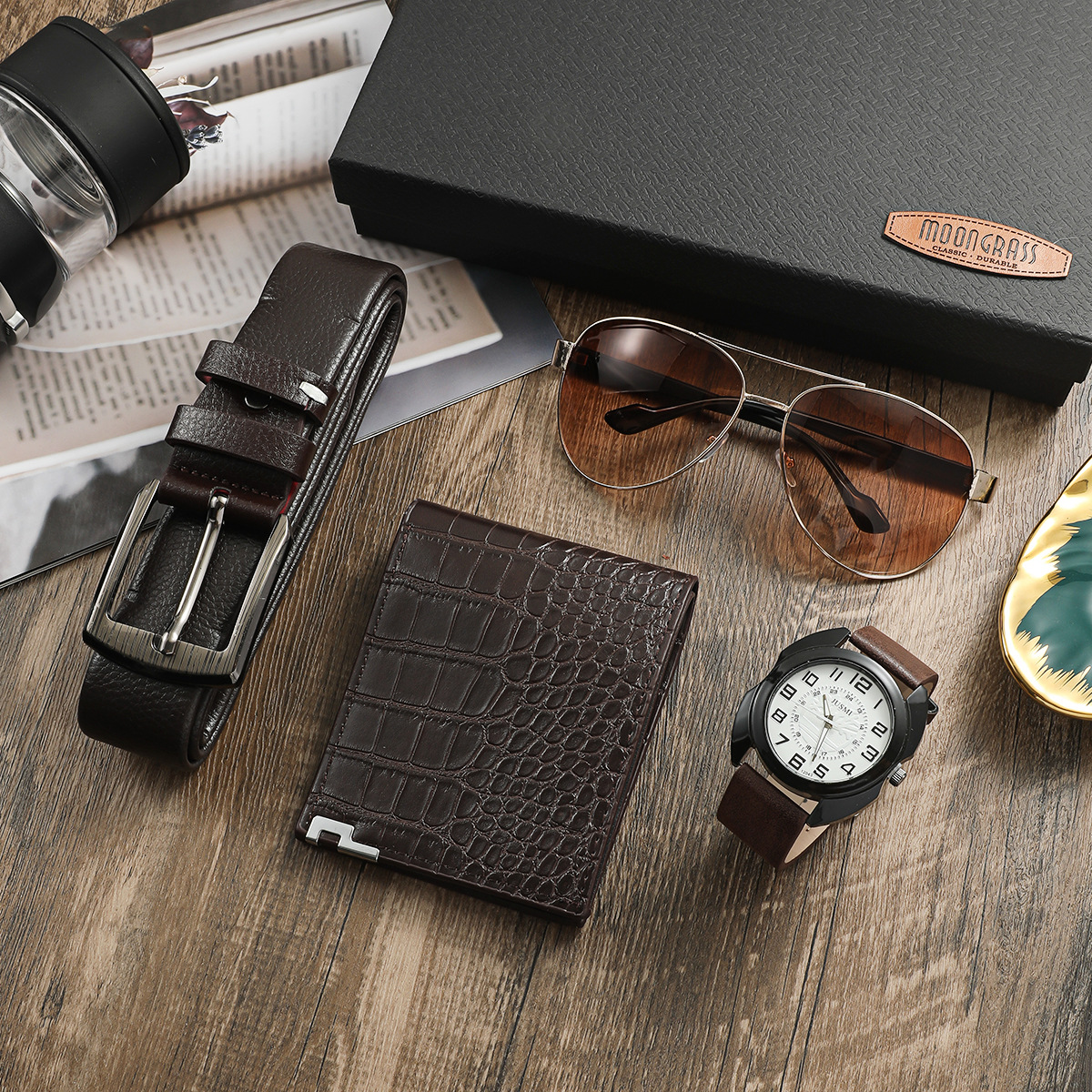 Reloj de los hombres de negocios regalo conjunto vacaciones cumpleaños regalo cartera cinturón reloj gafas de sol conjunto 4 unids/set