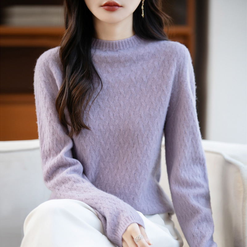 100纯羊毛打底衫女2025新款麦穗状内搭洋气大码女装秋冬针织毛衣|undefined