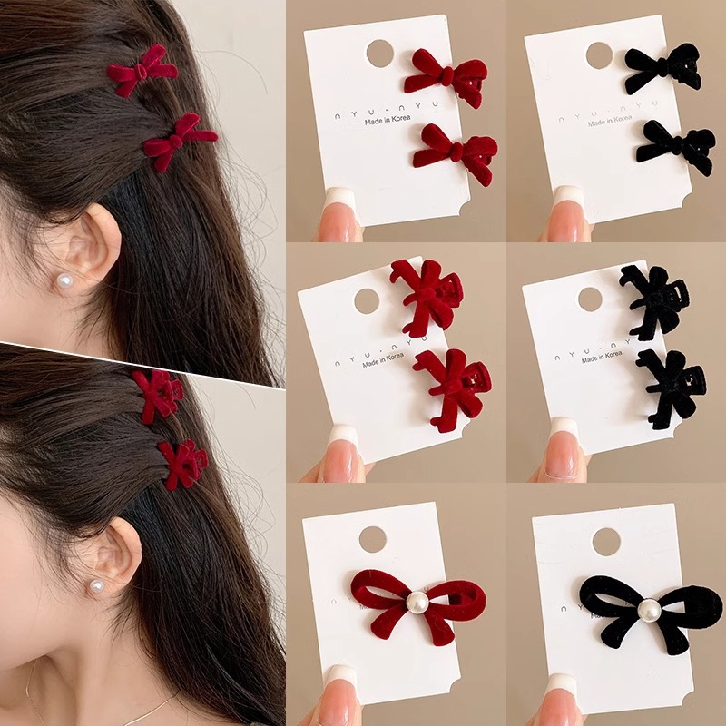 Rojo flocado lazo pequeño clip de agarre para mujer Año Nuevo Cabeza de princesa clip lateral flequillo clip de cabello roto tocado horquilla