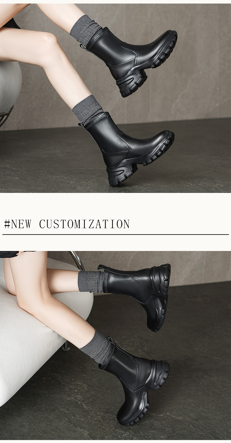 Boot da Chelsea nữ đế dày tăng chiều cao, cổ thun co giãn, dáng ôm chân — Lót nhung đen, Trong danh sách đen chi tiết 3