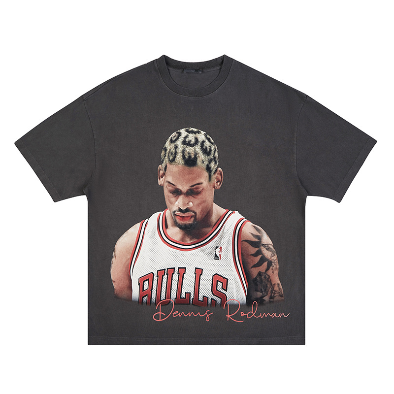 Ropa para Hombre FG | Camiseta de Manga Corta con Estampado de Rodman, Estilo Retro Europeo y Americano, Lavada y Desgastada, Nueva Tendencia Primavera/Verano 2025