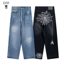EVO美式复古水洗做旧牛仔裤男女款直筒拖地裤子高街ins潮嘻哈长裤