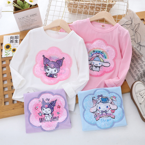 Girls Spring and Autumn Bottoming Shirt Children's Clothing Autumn Clothing New Color Changing Sequin Long Sleeve T-Shirt Cotton