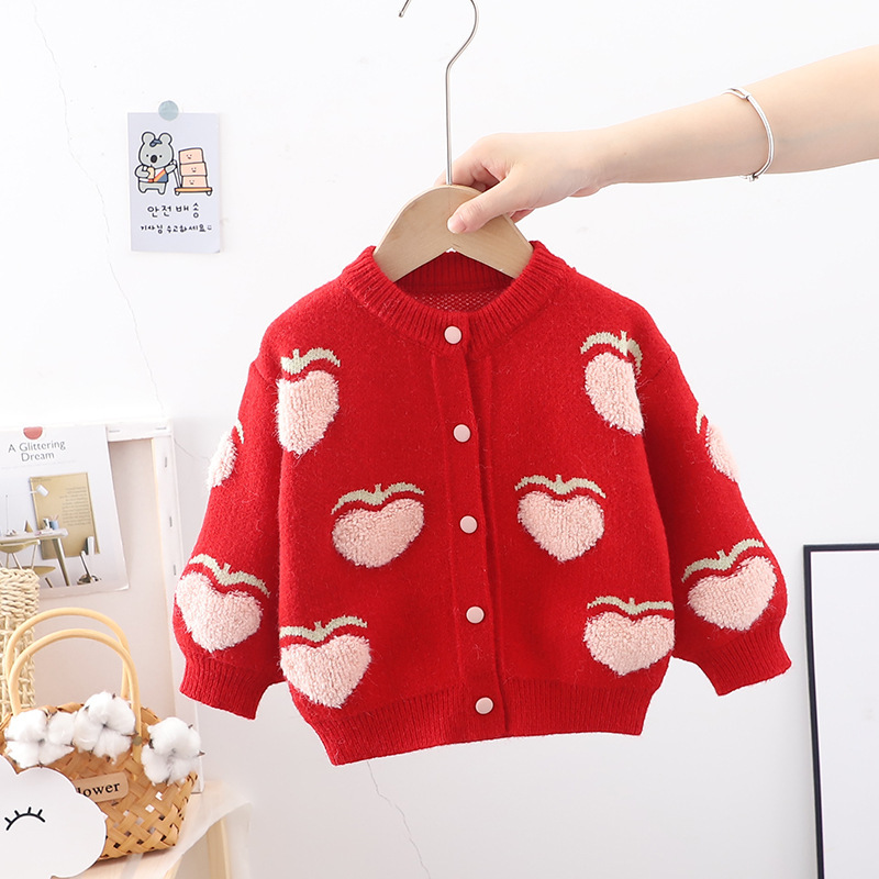 2024 frühjahr Neue Koreanische Herbst und Winter Mädchen Rundhals Pullover Strickjacke Große Pfirsich Cartoon Kinder Top_voghion.com