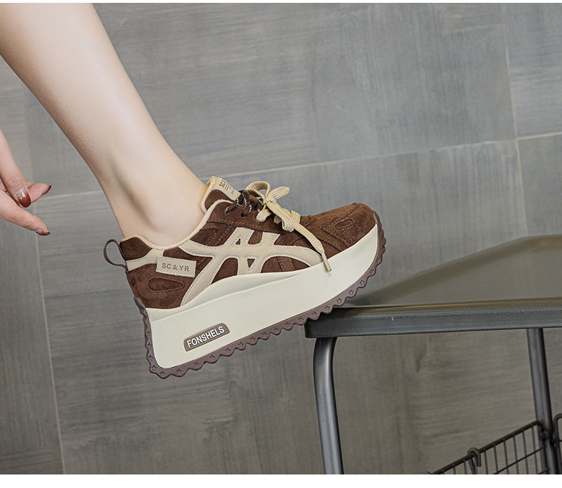 Giày sneaker nữ đế dày tăng chiều cao 7 cm phong cách đa năng mùa thu đông — M2999 li đơn màu vàng, M2999-1 màu vàng nhung, M2999-1 màu nâu cộng nhung, M2999 lớp lót đơn màu nâu chi tiết 19