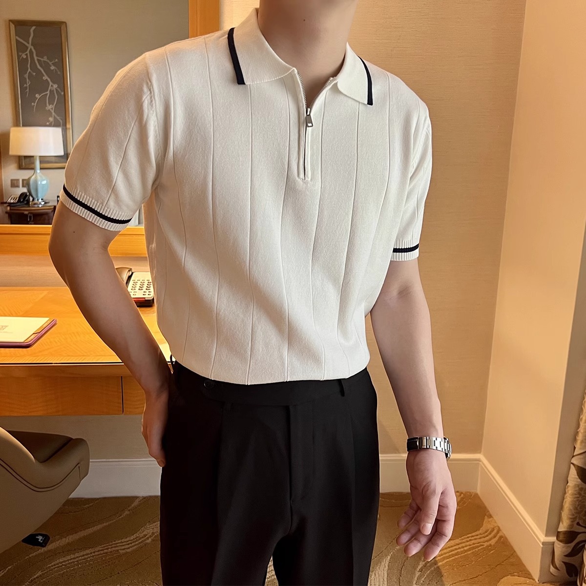 Polo de punto de manga corta para hombre con media cremallera y solapas, de lujo ligero, para negocios, venta al por mayor transfronteriza, de seda helada de secado rápido para verano