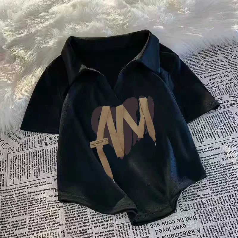 Черная футболка с короткими рукавами и воротником-поло для женщин, летняя футболка в корейском стиле, новый тонкий короткий сексуальный топ из хлопка