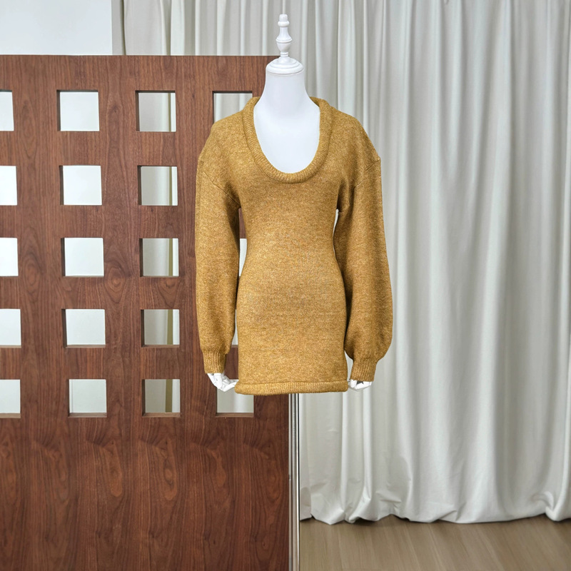 American niche designer HE*SA elsa*osk ginger yellow large U-neck puff sleeve sweater dress with a cinched waist