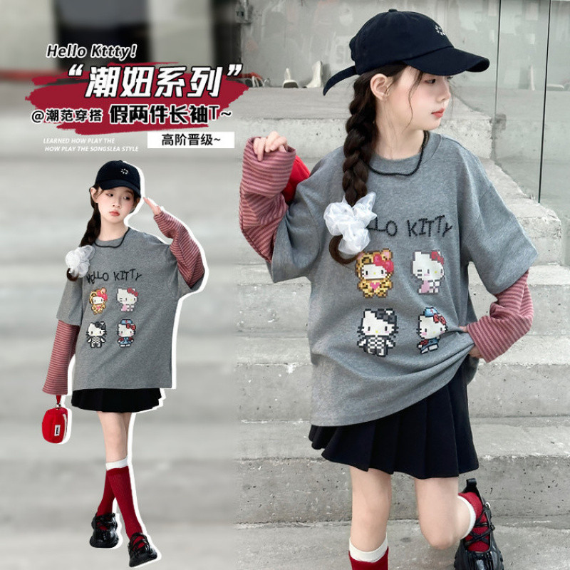 Zhili children's clothing girls' patchwork sleeve T-shirt 2026 autumn new style children's fashion striped long sleeve top spring and autumn