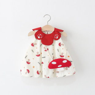 2025 New Summer Style Full-Body Small Mushroom Bud Skirt for Girls Petal Collar Cotton Skirt with Mushroom Bag