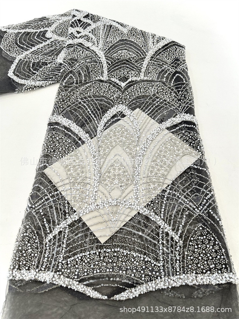 Tejido de bordado de tubo de perlas de alta moda vestido de boda tejido de moda Gaoding tejido de bordado de sequillas industria pesada image 12