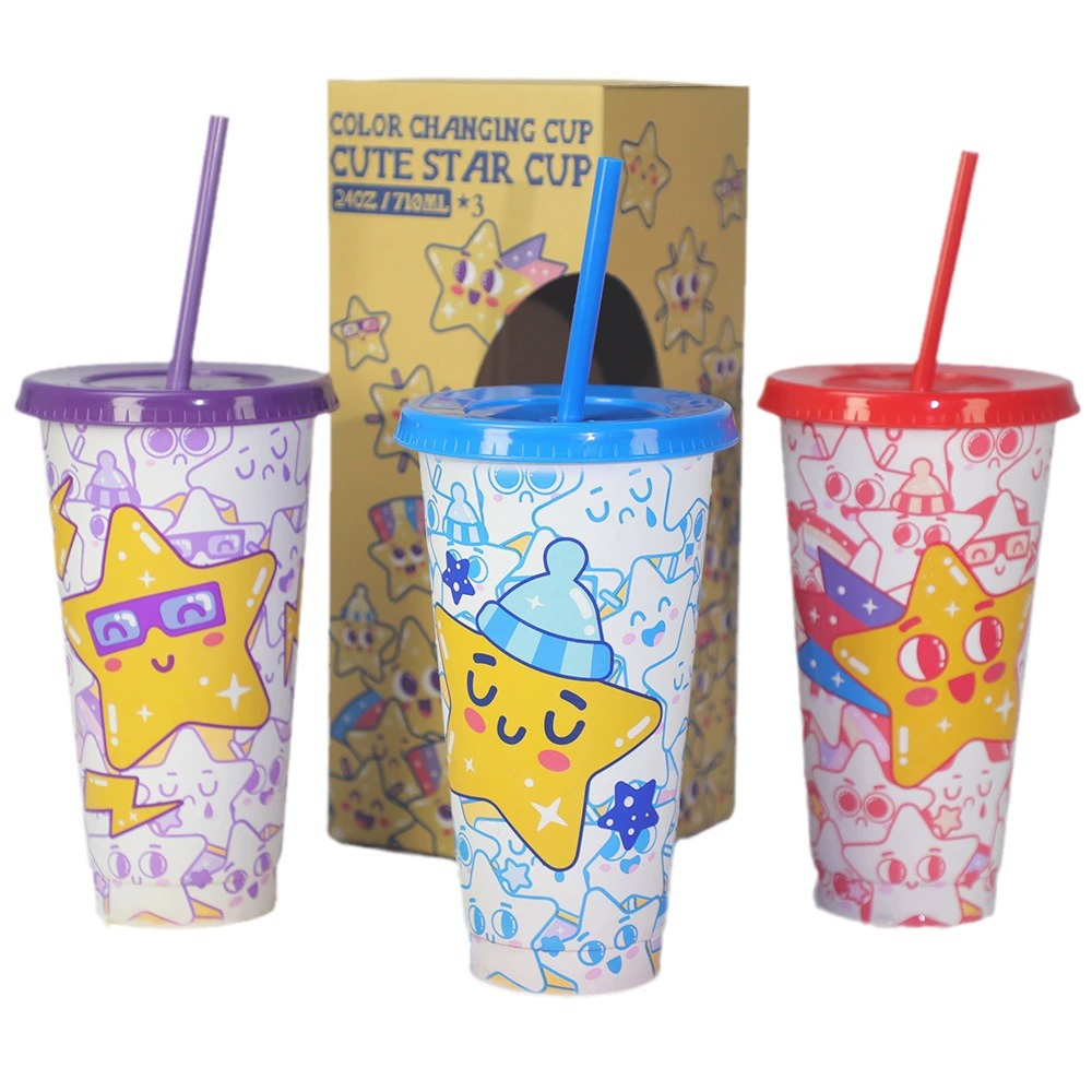 Plastic straw, cartoon creative set with glass, 3 piece set