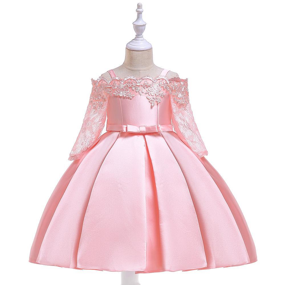 Nueva ropa infantil: vestido de princesa para niñas con tirantes descubiertos, vestido de manga larga con encaje calado, vestido bordado de satén.