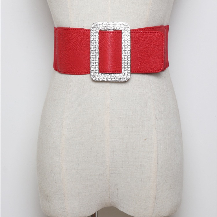 Moda todo partido flash diamante plata hebilla cuadrada cintura elástica pu cuero corsé cinturón con vestido ancho cintura sello de una sola pieza entrega
