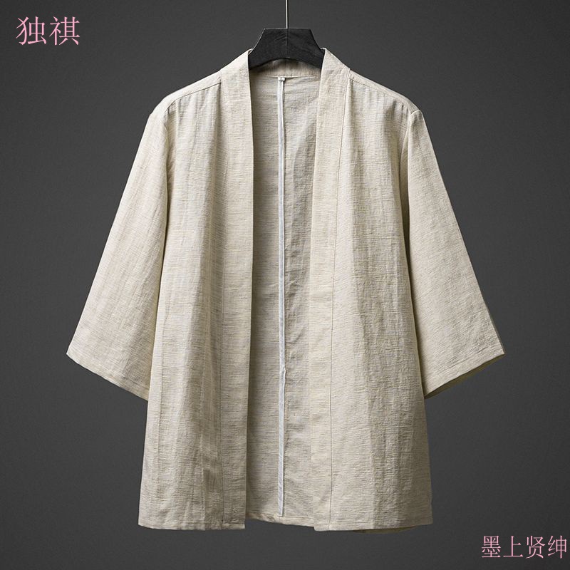 Men's retro-style cardigan/cloak/tea dress, traditional Tang suit, cotton and linen, three-quarter sleeve cape/robe, linen thin Hanfu.