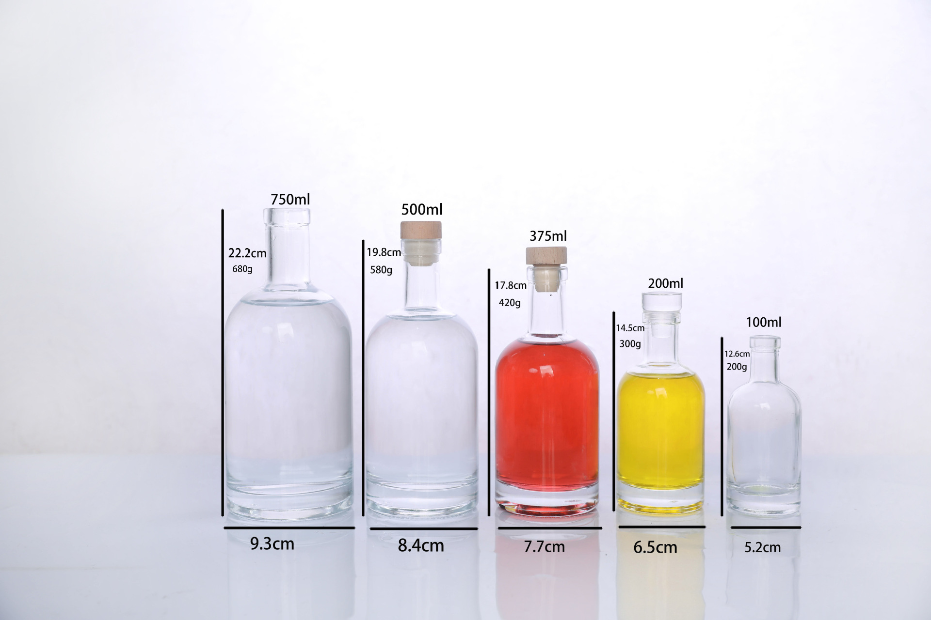 Botella de vino al por mayor, botella de vidrio transparente, botella de vino de 200ml, botella de tapón de madera, botella de bebida de moda