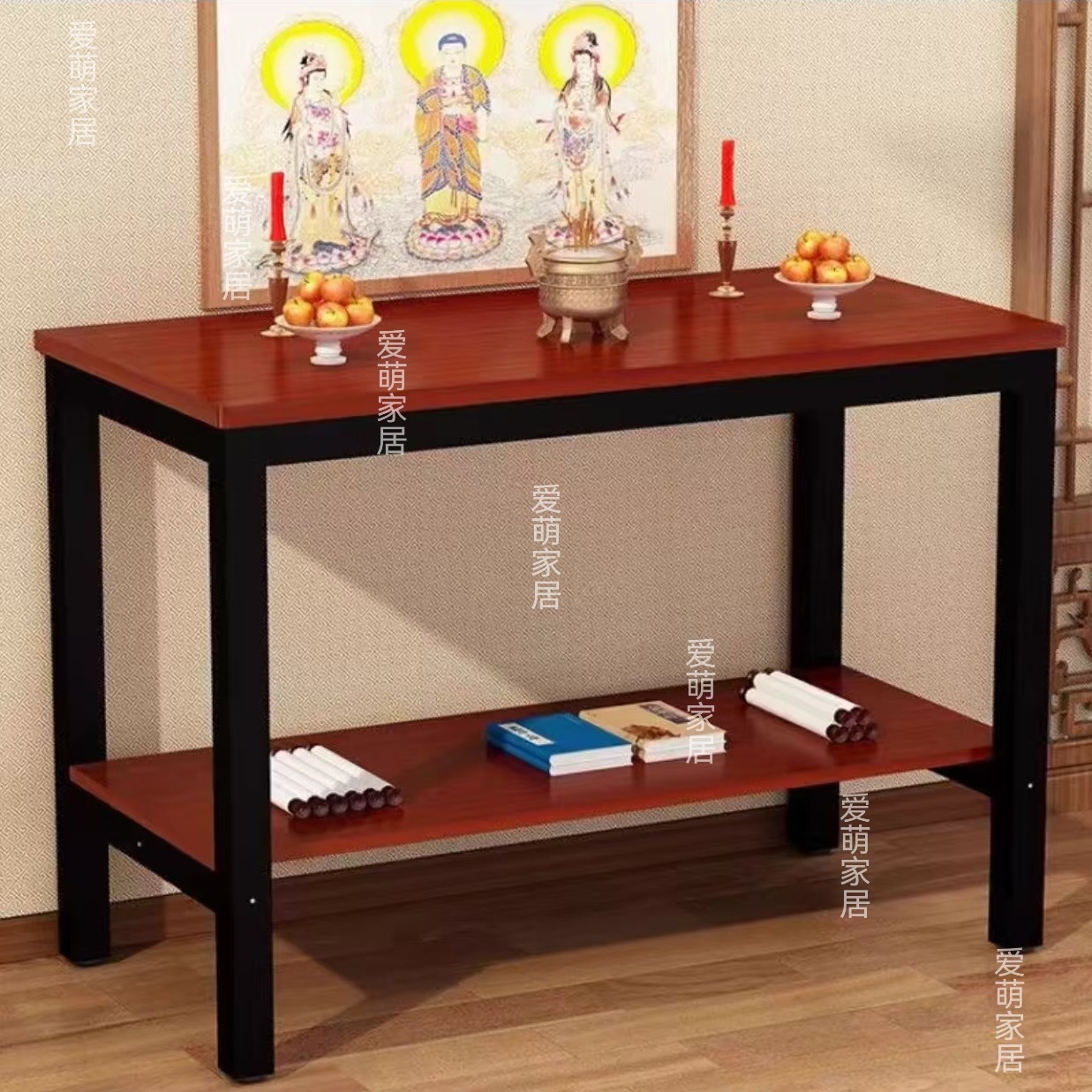 Table for Home Use in New Chinese Style, Featuring a Guan Gong Shrine, Long Altar, Hanging Portrait of Guan Gong, and Incense Table for Offering