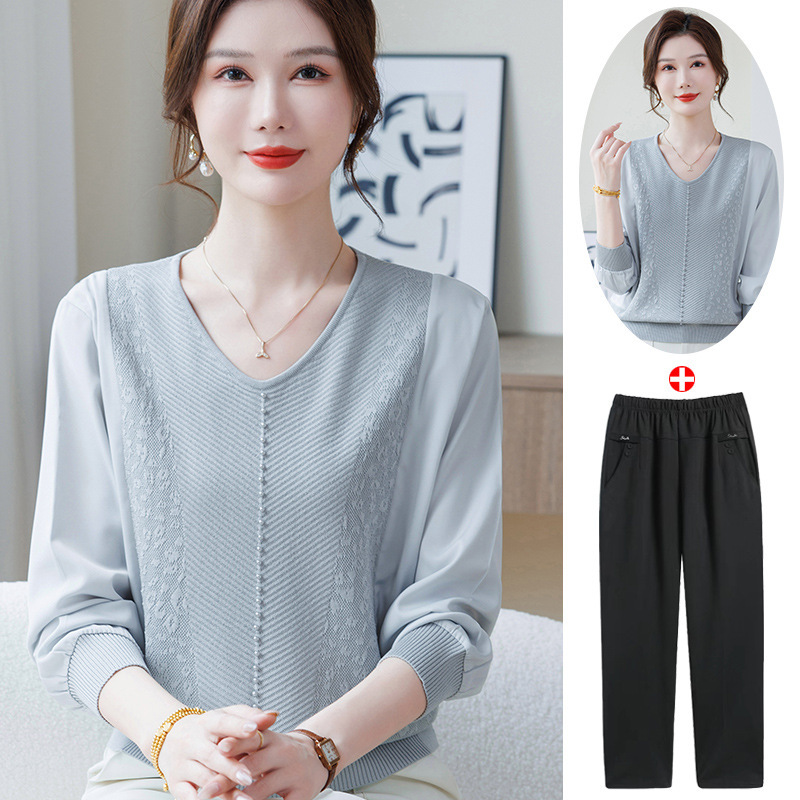 Mom's Spring Thin Knit Top with Sheer Sleeves, Fashionable 2026 New V-Neck Spring and Autumn T-Shirt Blouse for Middle-Aged and Elderly Women Mom's Spring Thin Knit Top with Sheer Sleeves, Fashionable 2026 New V-Neck Spring and Autumn T-Shirt Blouse for Middle-Aged and Elderly Women