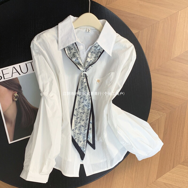 White Polo Collar Silk Scarf Tie Long-Sleeve Shirt for Women, Early Spring New Stylish Commuter Design, Off-Shoulder Shirt