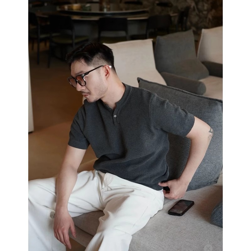 菠萝纹针法肌理感t恤男款夏季亨利领简约短袖小众感纯色针织上衣