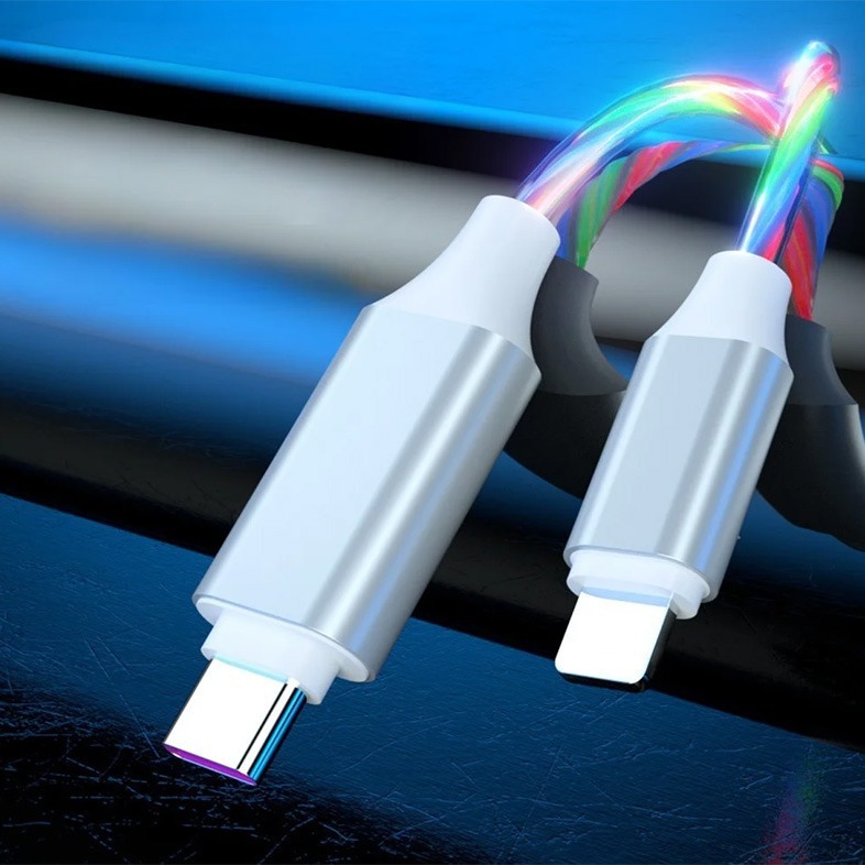 Cable de datos de flujo de colorido en stock para Apple Android Tipo-C LED LED de carga rápida 2.4A cable de carga rápida
